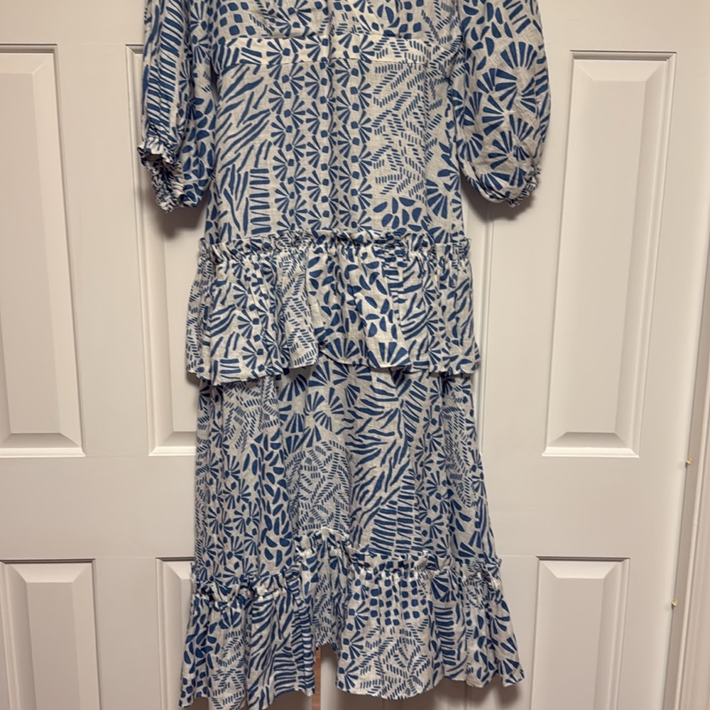 Alexis linen ruffle midi dress in blue S - Picture 3 of 9